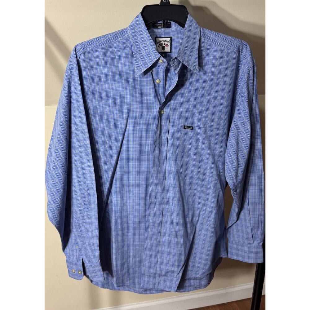 Faconnable Men's Blue Plaid 100% Cotton Button-Down Shirt Size L